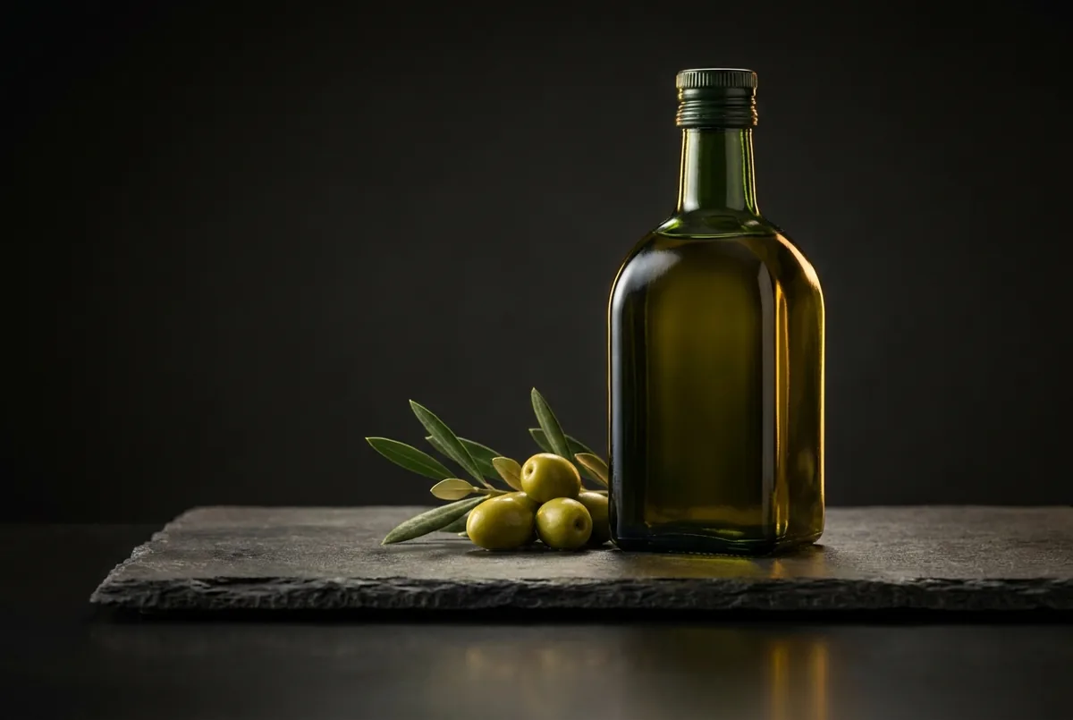 Premium Spanish extra virgin olive oil in a dark glass bottle with fresh olives